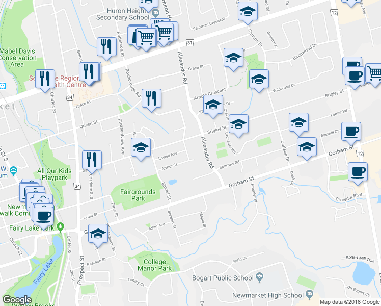 map of restaurants, bars, coffee shops, grocery stores, and more near 185 Newton Street in Newmarket