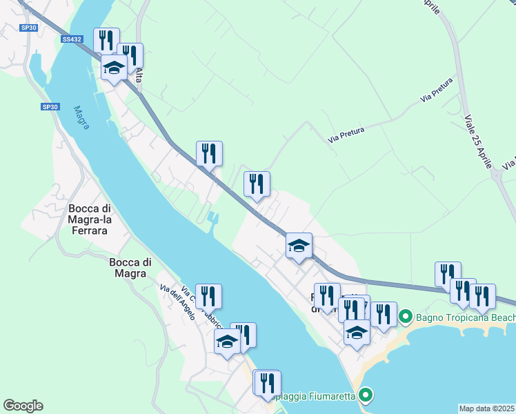 map of restaurants, bars, coffee shops, grocery stores, and more near 22 Via Litoranea in Fiumaretta di Ameglia