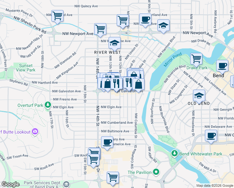 map of restaurants, bars, coffee shops, grocery stores, and more near 1227 Northwest Galveston Avenue in Bend