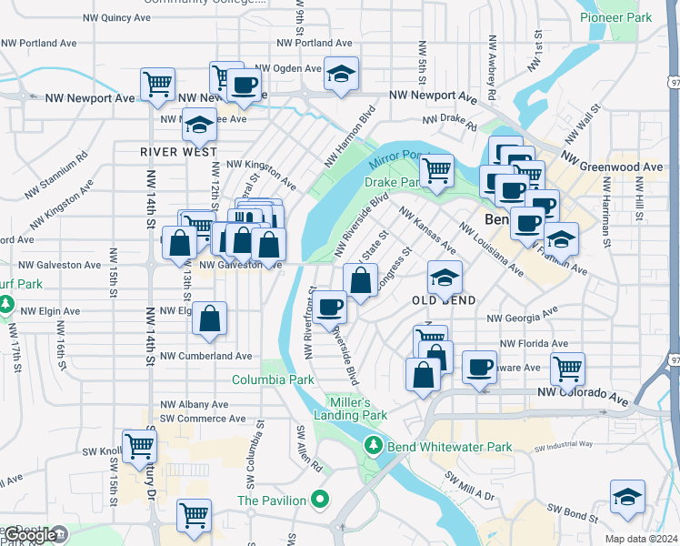 map of restaurants, bars, coffee shops, grocery stores, and more near 245 Northwest Tumalo Avenue in Bend