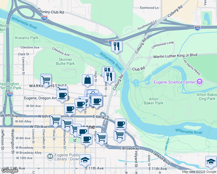 map of restaurants, bars, coffee shops, grocery stores, and more near 497 East 3rd Avenue in Eugene