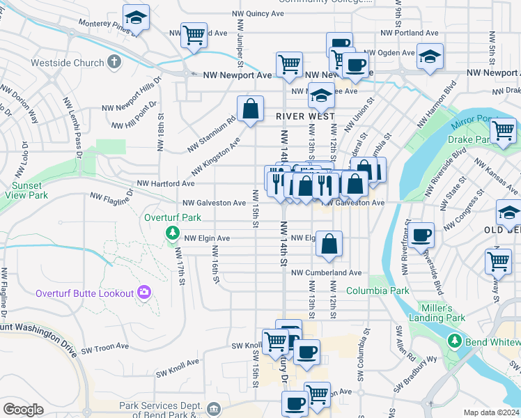 map of restaurants, bars, coffee shops, grocery stores, and more near 1475 Northwest Galveston Avenue in Bend