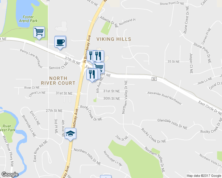map of restaurants, bars, coffee shops, grocery stores, and more near 707 31st Street Northeast in Rochester