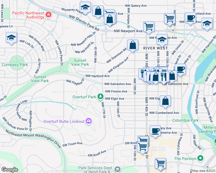 map of restaurants, bars, coffee shops, grocery stores, and more near 1695 Northwest Galveston Avenue in Bend