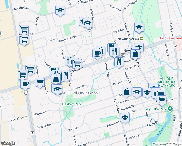 map of restaurants, bars, coffee shops, grocery stores, and more near in Newmarket