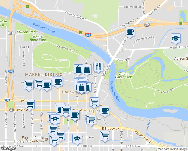 map of restaurants, bars, coffee shops, grocery stores, and more near 392 East 3rd Avenue in Eugene