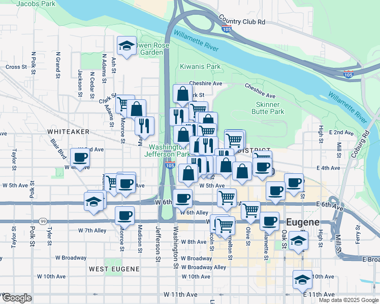 map of restaurants, bars, coffee shops, grocery stores, and more near 306 Lawrence Street in Eugene