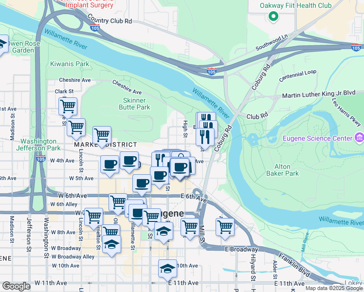 map of restaurants, bars, coffee shops, grocery stores, and more near 306 High Street in Eugene