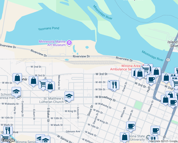 map of restaurants, bars, coffee shops, grocery stores, and more near 670 West 3rd Street in Winona