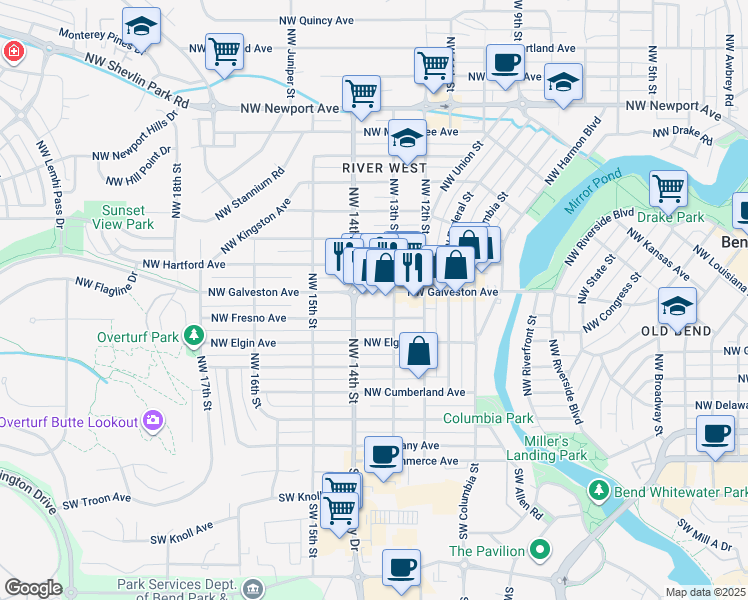 map of restaurants, bars, coffee shops, grocery stores, and more near 1335 Northwest Galveston Avenue in Bend