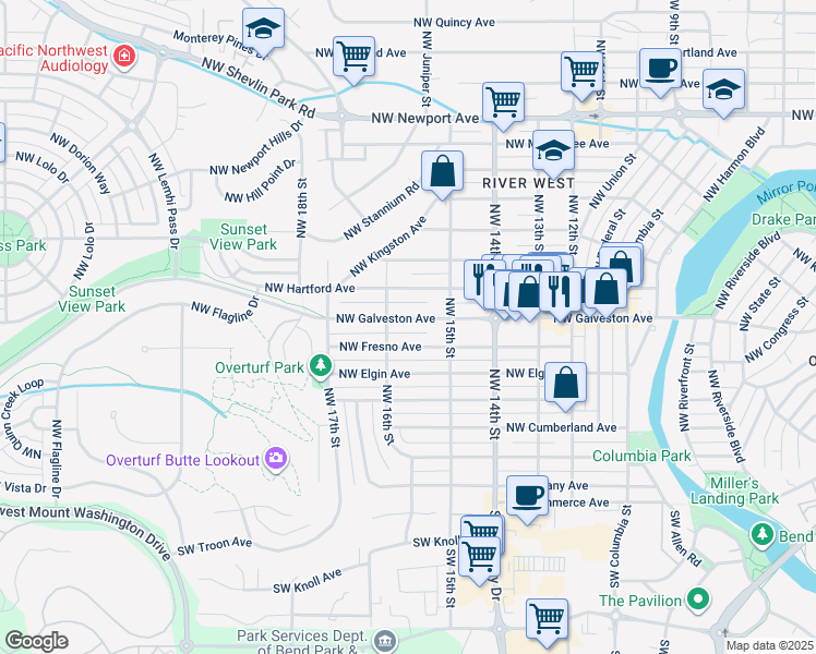 map of restaurants, bars, coffee shops, grocery stores, and more near 1569 Northwest Galveston Avenue in Bend