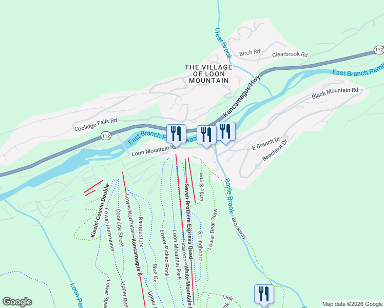 map of restaurants, bars, coffee shops, grocery stores, and more near 60 Loon Mountain Road in Lincoln