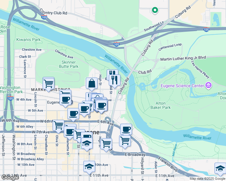 map of restaurants, bars, coffee shops, grocery stores, and more near 392 East 3rd Avenue in Eugene