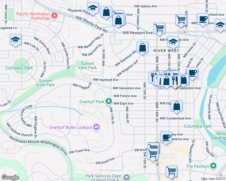 map of restaurants, bars, coffee shops, grocery stores, and more near 1695 Northwest Galveston Avenue in Bend