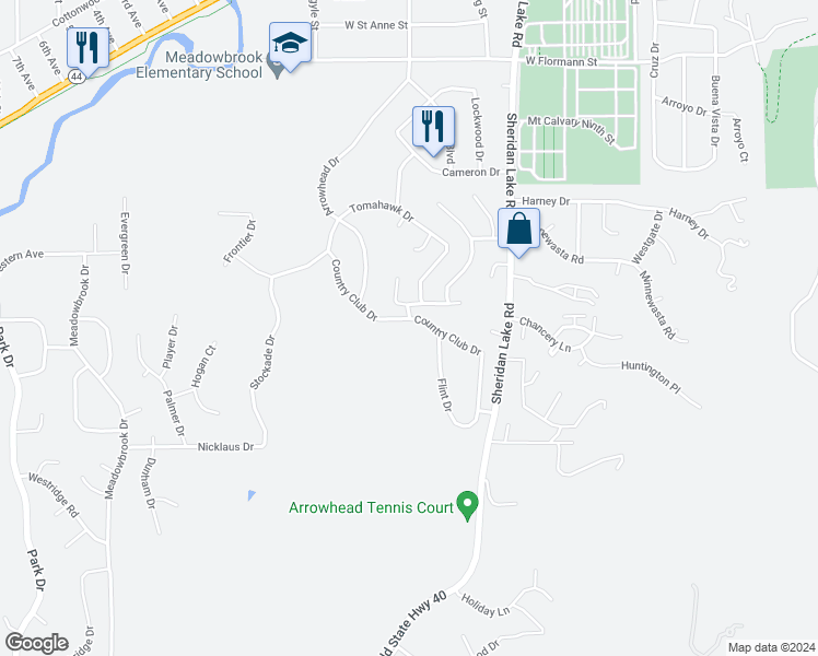 map of restaurants, bars, coffee shops, grocery stores, and more near 2801 Country Club Drive in Rapid City