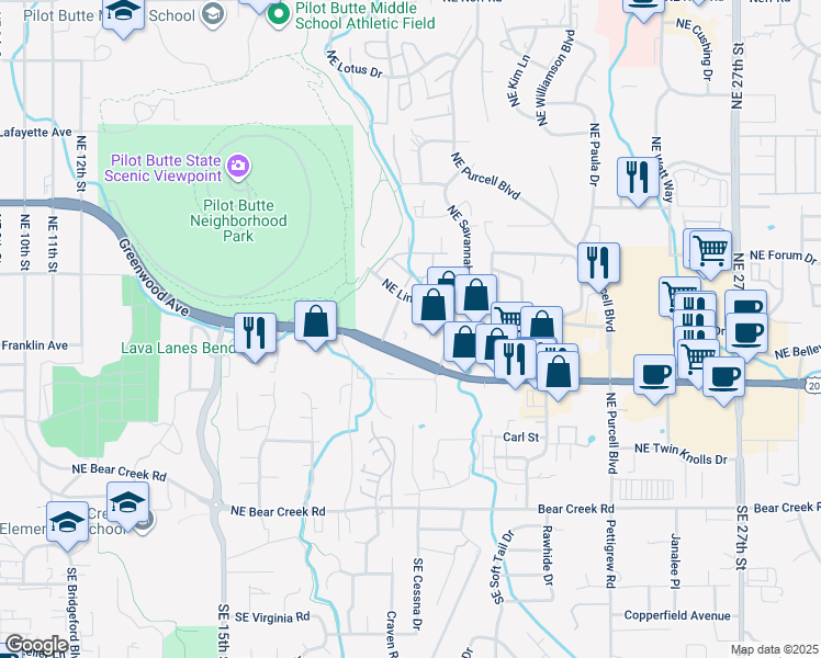 map of restaurants, bars, coffee shops, grocery stores, and more near 610 Northeast Highway 20 in Bend