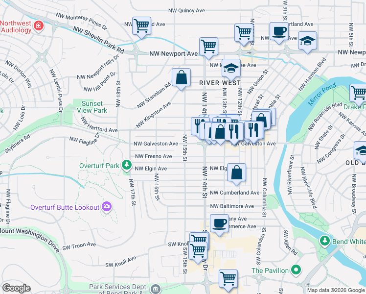 map of restaurants, bars, coffee shops, grocery stores, and more near 1475 Northwest Galveston Avenue in Bend