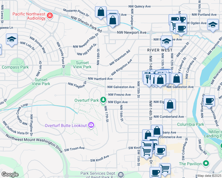 map of restaurants, bars, coffee shops, grocery stores, and more near 1695 Northwest Galveston Avenue in Bend