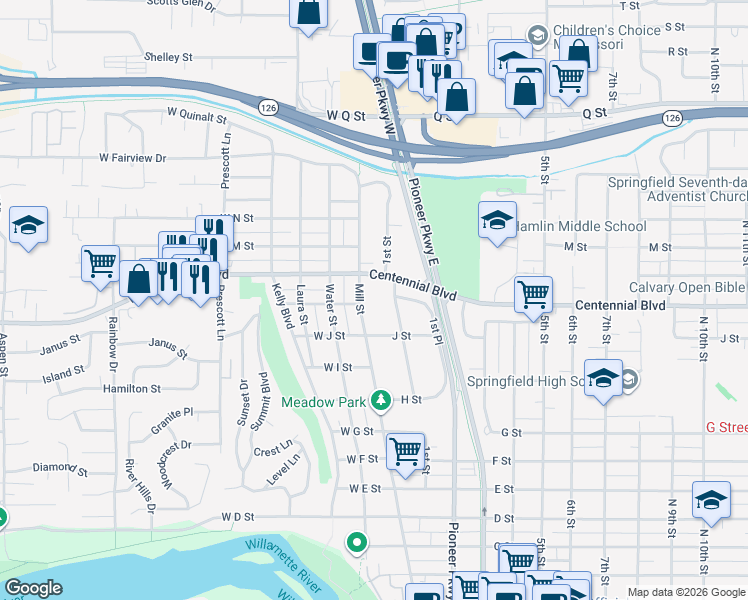map of restaurants, bars, coffee shops, grocery stores, and more near 1213 Mill Street in Springfield