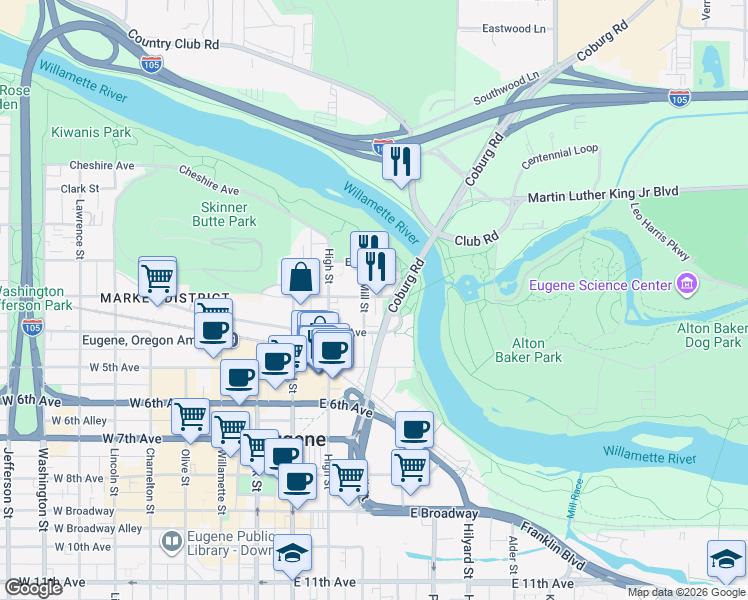 map of restaurants, bars, coffee shops, grocery stores, and more near 497 East 3rd Avenue in Eugene
