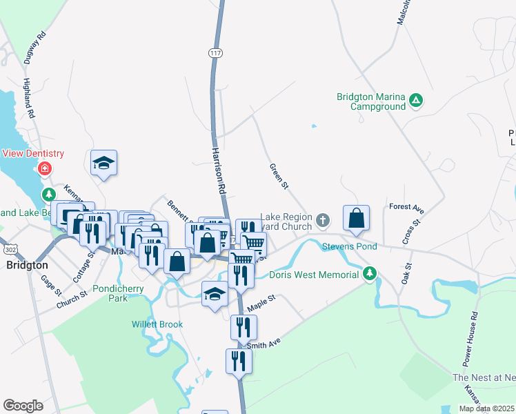 map of restaurants, bars, coffee shops, grocery stores, and more near 34 Pine Path Lane in Bridgton