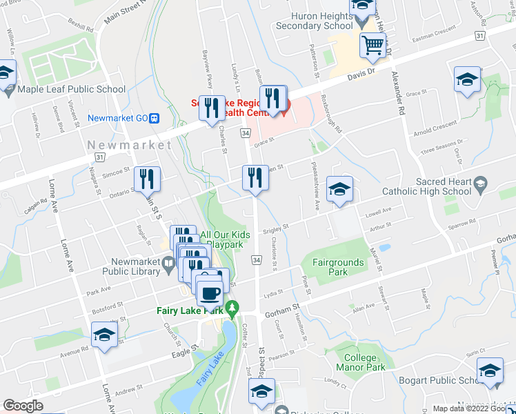 map of restaurants, bars, coffee shops, grocery stores, and more near 115 Prospect Street in Newmarket