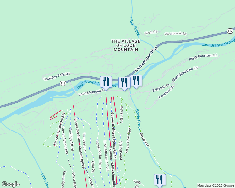 map of restaurants, bars, coffee shops, grocery stores, and more near 60 Loon Mountain Road in Lincoln