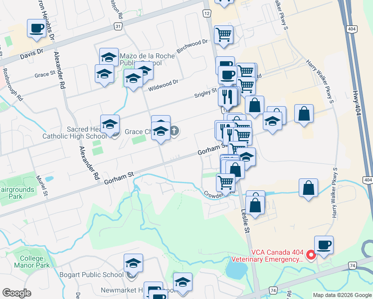 map of restaurants, bars, coffee shops, grocery stores, and more near 1001 Gorham Street in Newmarket