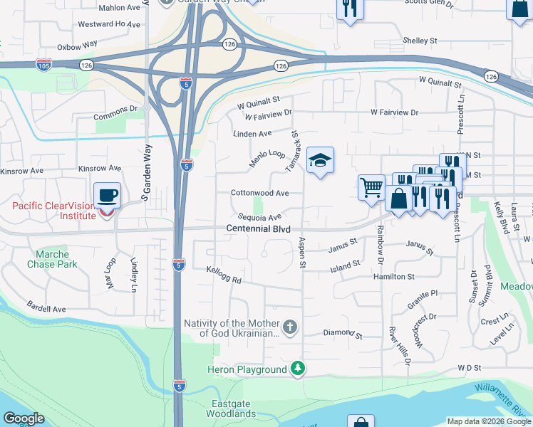 map of restaurants, bars, coffee shops, grocery stores, and more near 1470 Sequoia Avenue in Springfield