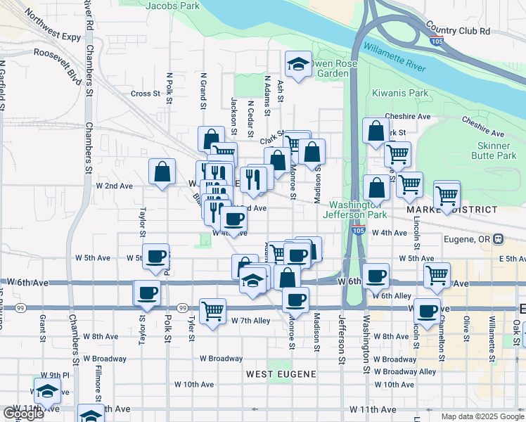 map of restaurants, bars, coffee shops, grocery stores, and more near 304 Adams Street in Eugene