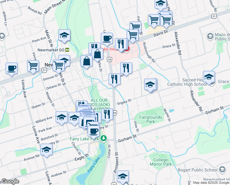 map of restaurants, bars, coffee shops, grocery stores, and more near 121 Prospect Street in Newmarket