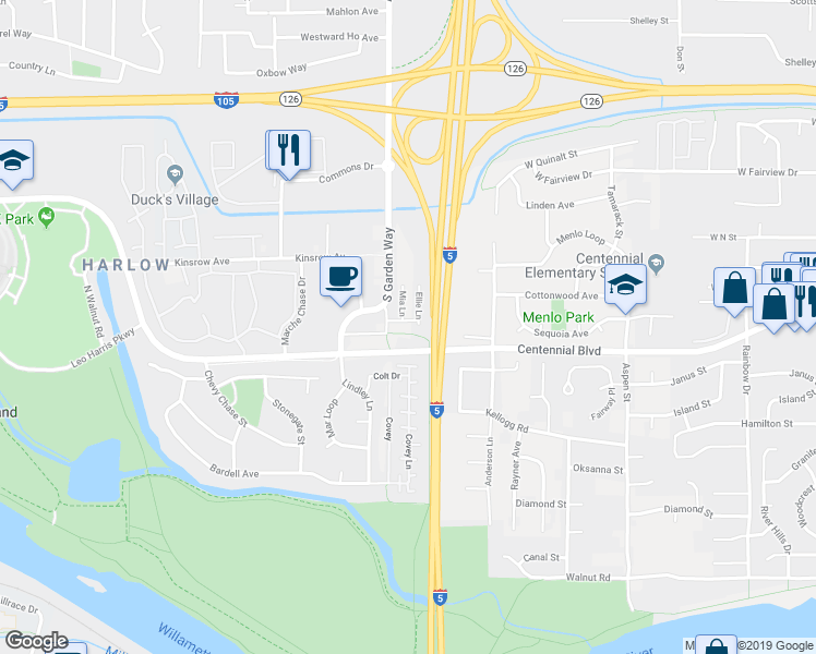 map of restaurants, bars, coffee shops, grocery stores, and more near 3650 Wylie Creek Place in Eugene
