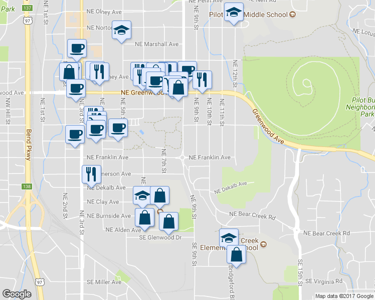 map of restaurants, bars, coffee shops, grocery stores, and more near 624 Northeast 8th Street in Bend