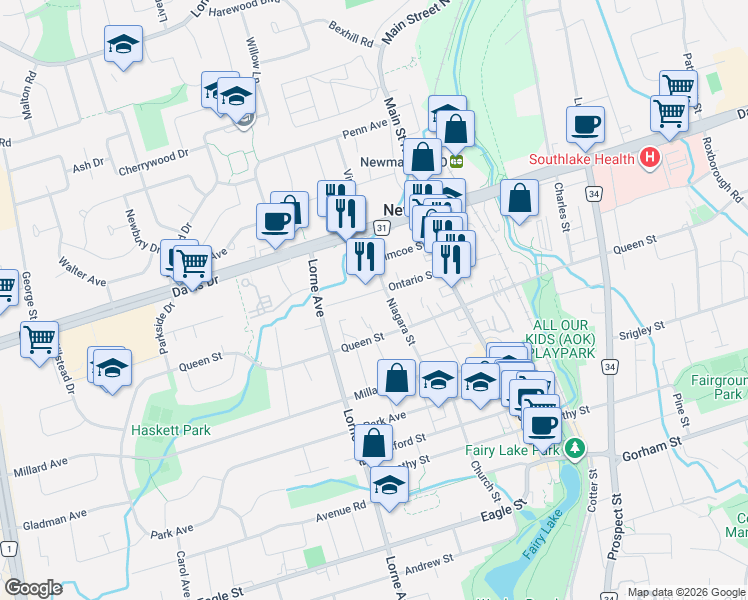 map of restaurants, bars, coffee shops, grocery stores, and more near 360 Ontario Street in Newmarket