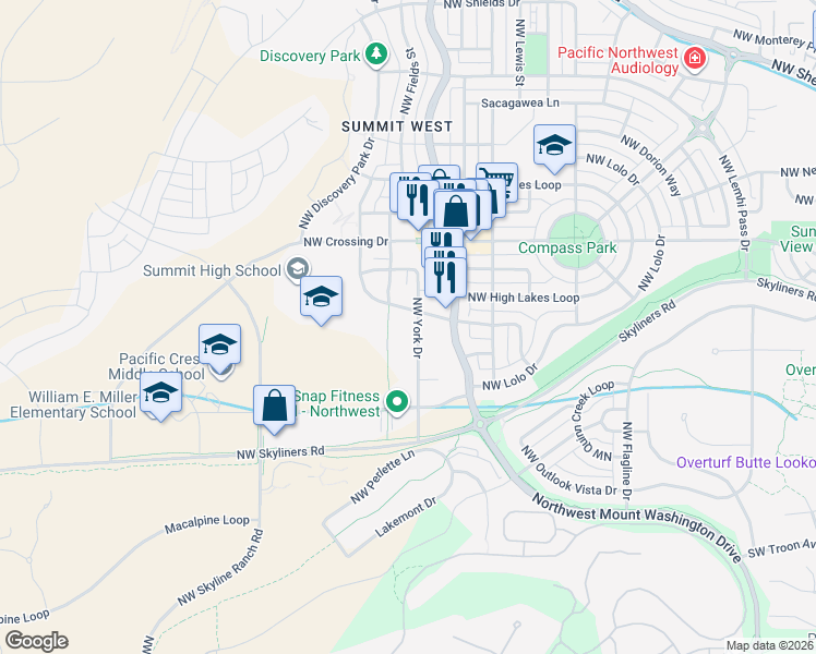 map of restaurants, bars, coffee shops, grocery stores, and more near 593 Northwest York Drive in Bend