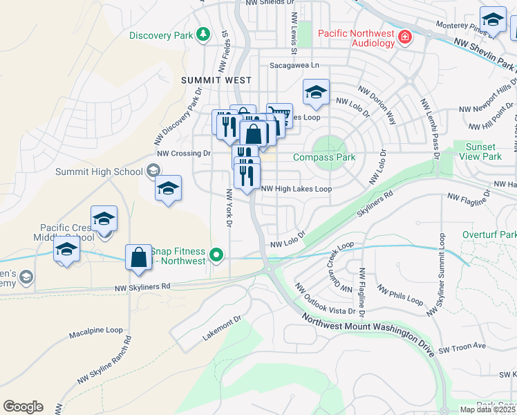 map of restaurants, bars, coffee shops, grocery stores, and more near 2133 Northwest Clearwater Drive in Bend