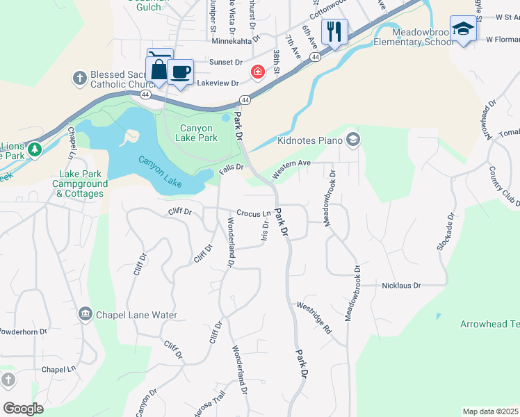 map of restaurants, bars, coffee shops, grocery stores, and more near 3814 Crocus Lane in Rapid City