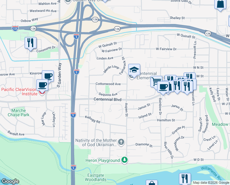 map of restaurants, bars, coffee shops, grocery stores, and more near 1361 Sequoia Court in Springfield