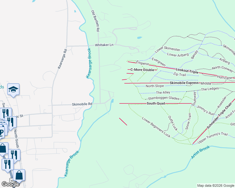 map of restaurants, bars, coffee shops, grocery stores, and more near 239 Skimobile Road in Conway
