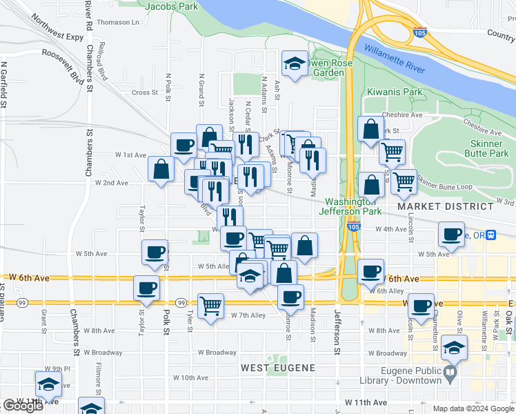 map of restaurants, bars, coffee shops, grocery stores, and more near 912 West 3rd Avenue in Eugene