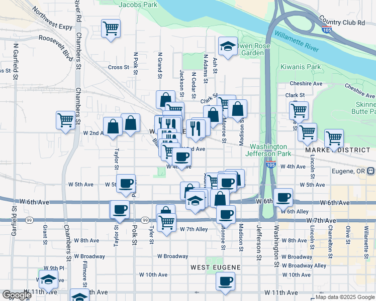 map of restaurants, bars, coffee shops, grocery stores, and more near 310 Jackson Street in Eugene
