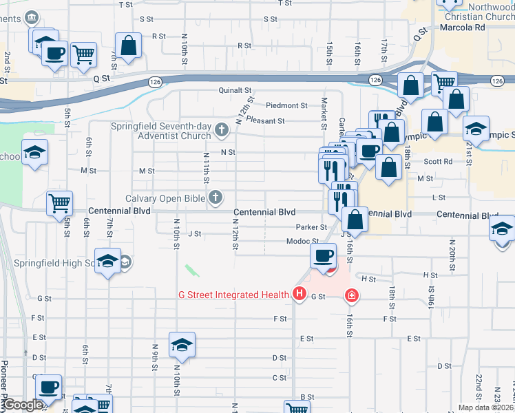 map of restaurants, bars, coffee shops, grocery stores, and more near 1268 Centennial Boulevard in Springfield