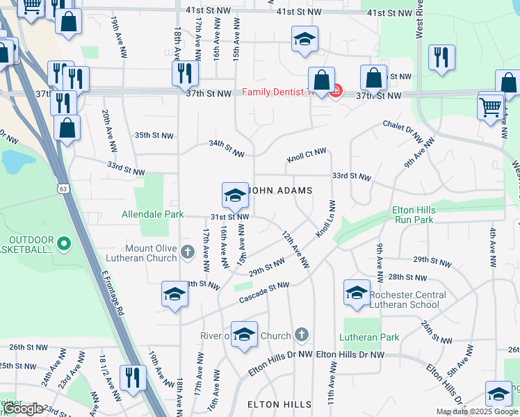 map of restaurants, bars, coffee shops, grocery stores, and more near 3112 15th Avenue Northwest in Rochester