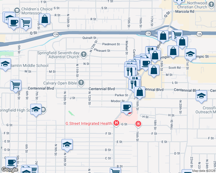 map of restaurants, bars, coffee shops, grocery stores, and more near 1342 Centennial Boulevard in Springfield