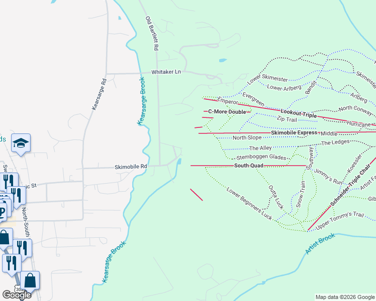 map of restaurants, bars, coffee shops, grocery stores, and more near 239 Skimobile Road in Conway