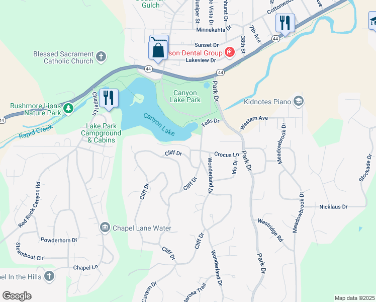 map of restaurants, bars, coffee shops, grocery stores, and more near 4120 Cliff Drive in Rapid City