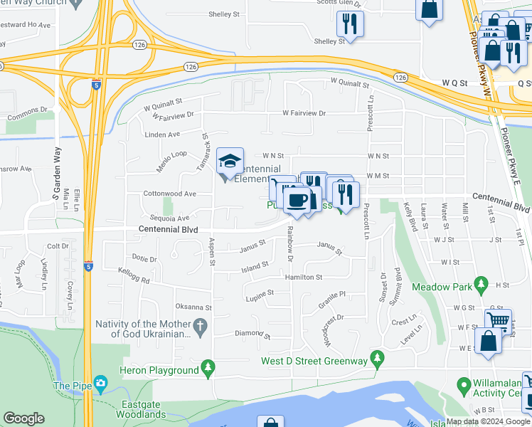 map of restaurants, bars, coffee shops, grocery stores, and more near 1250 Rainbow Drive in Springfield