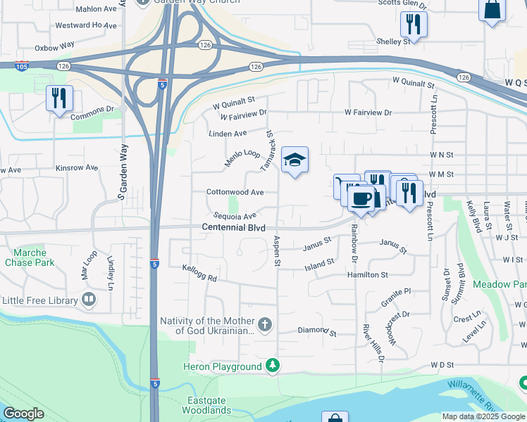 map of restaurants, bars, coffee shops, grocery stores, and more near 1361 Sequoia Court in Springfield