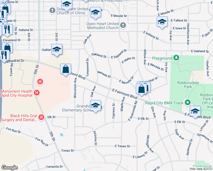 map of restaurants, bars, coffee shops, grocery stores, and more near 10 Fairmont Boulevard in Rapid City