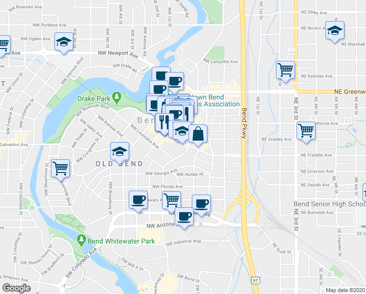 map of restaurants, bars, coffee shops, grocery stores, and more near 409 Northwest Franklin Avenue in Bend